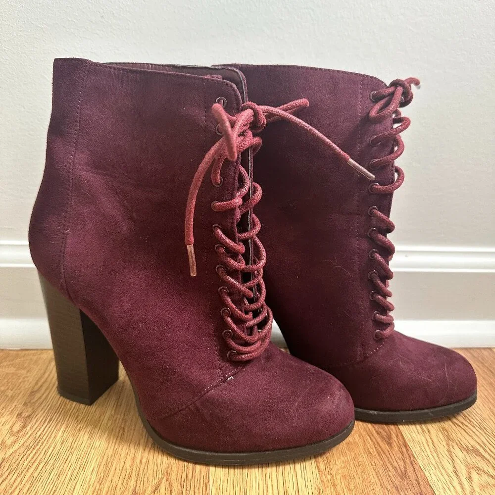 JustFab Women's Suede Lace-up Heeled Booties in Burgundy Size 7.5 - Picture 2 of 8